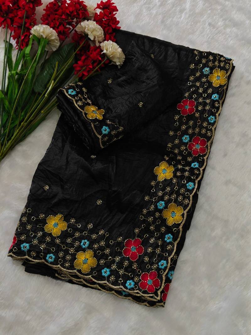 designer chiffon saree with heavy sequins & thread embroidery saree with silk blend blend blouse