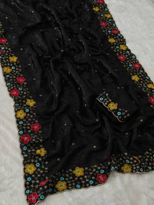 designer chiffon saree with heavy sequins & thread embroidery saree with silk blend blend blouse 2