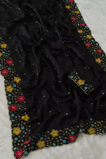 designer chiffon saree with heavy sequins & thread embroidery saree with silk blend blend blouse
