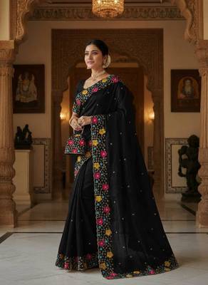 designer chiffon saree with heavy sequins & thread embroidery saree with silk blend blend blouse 3
