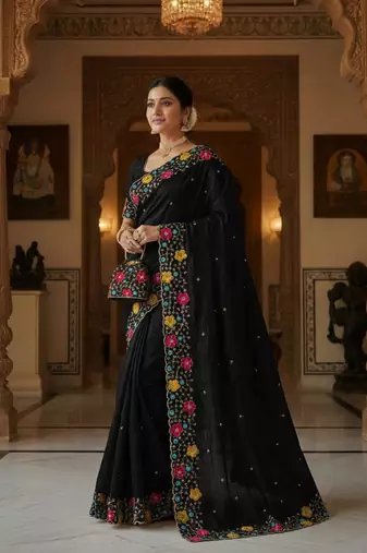 designer chiffon saree with heavy sequins & thread embroidery saree with silk blend blend blouse