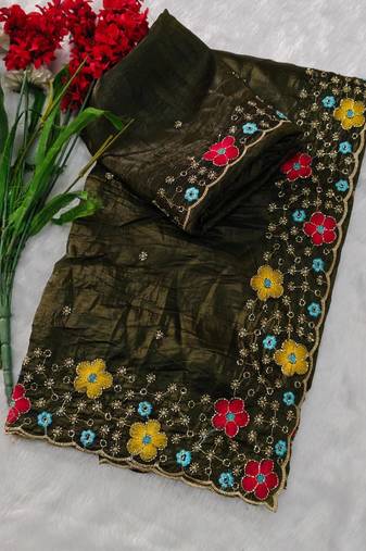 designer chiffon saree with heavy sequins & thread embroidery saree with silk blend blend blouse