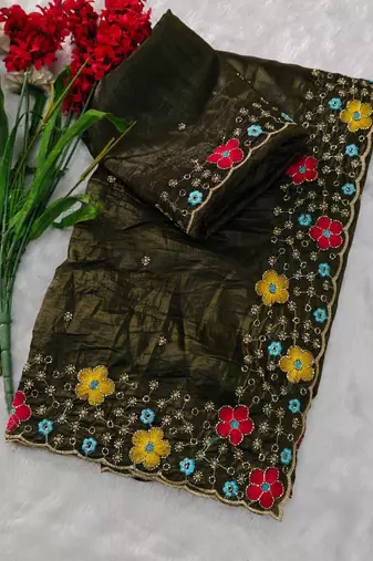 designer chiffon saree with heavy sequins & thread embroidery saree with silk blend blend blouse