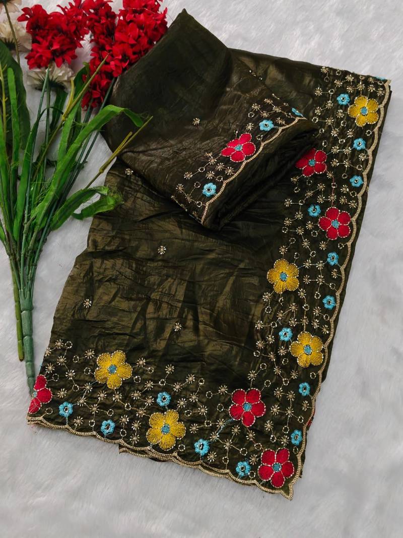 designer chiffon saree with heavy sequins & thread embroidery saree with silk blend blend blouse