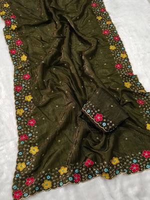 designer chiffon saree with heavy sequins & thread embroidery saree with silk blend blend blouse 2