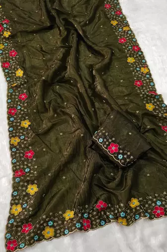 designer chiffon saree with heavy sequins & thread embroidery saree with silk blend blend blouse