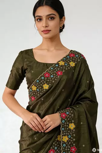 designer chiffon saree with heavy sequins & thread embroidery saree with silk blend blend blouse