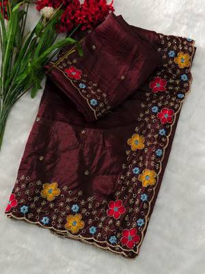 designer chiffon saree with heavy sequins & thread embroidery saree with silk blend blend blouse 1