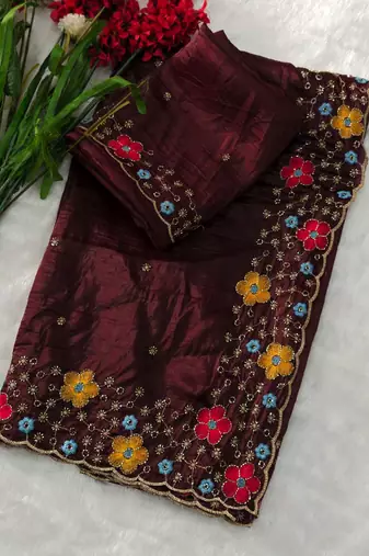 designer chiffon saree with heavy sequins & thread embroidery saree with silk blend blend blouse