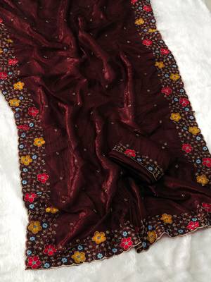 designer chiffon saree with heavy sequins & thread embroidery saree with silk blend blend blouse 2