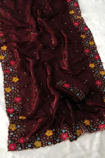 designer chiffon saree with heavy sequins & thread embroidery saree with silk blend blend blouse