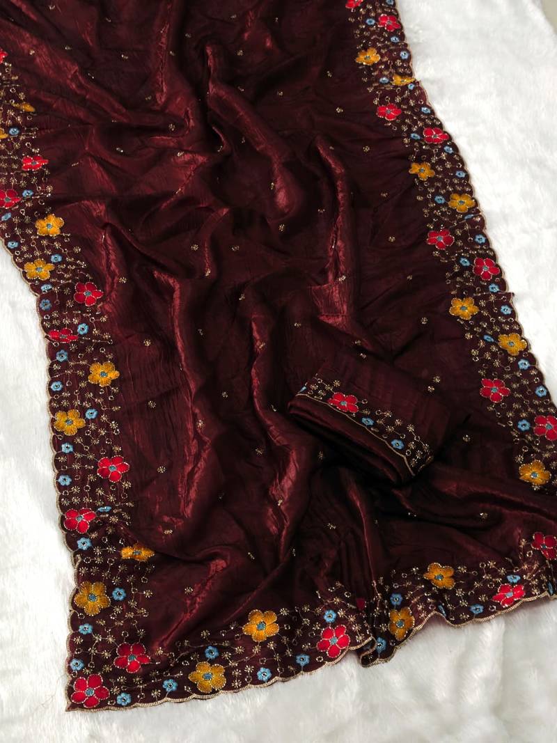 designer chiffon saree with heavy sequins & thread embroidery saree with silk blend blend blouse