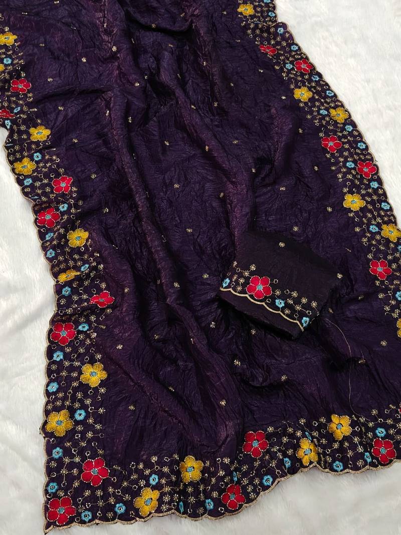 designer chiffon saree with heavy sequins & thread embroidery saree with silk blend blend blouse