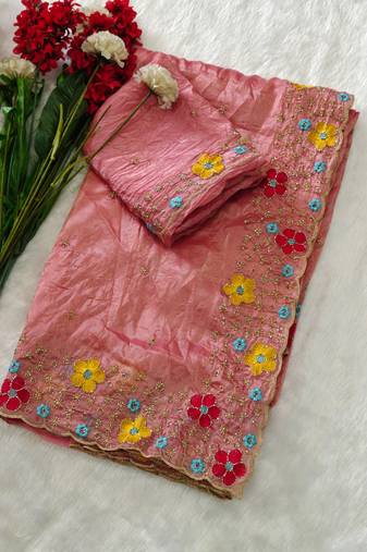 designer chiffon saree with heavy sequins & thread embroidery saree with silk blend blend blouse