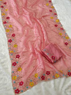 designer chiffon saree with heavy sequins & thread embroidery saree with silk blend blend blouse 2