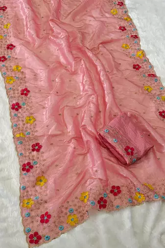 designer chiffon saree with heavy sequins & thread embroidery saree with silk blend blend blouse