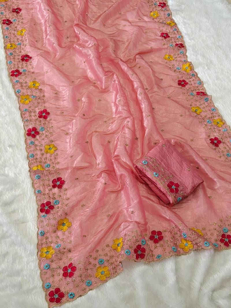 designer chiffon saree with heavy sequins & thread embroidery saree with silk blend blend blouse