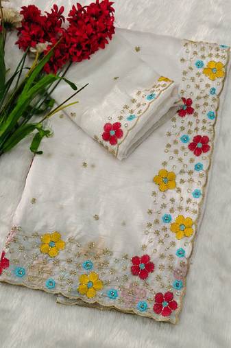 designer chiffon saree with heavy sequins & thread embroidery saree with silk blend blend blouse