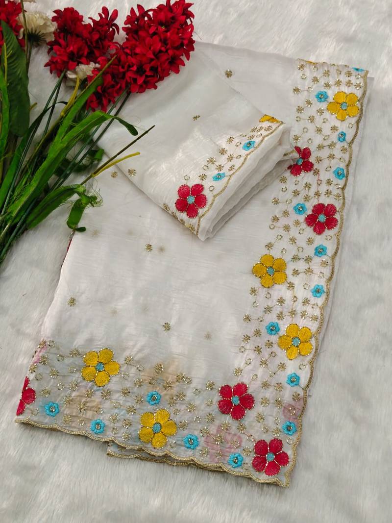 designer chiffon saree with heavy sequins & thread embroidery saree with silk blend blend blouse