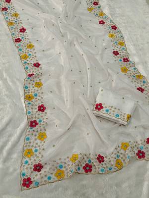 designer chiffon saree with heavy sequins & thread embroidery saree with silk blend blend blouse 2