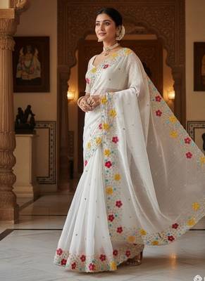 designer chiffon saree with heavy sequins & thread embroidery saree with silk blend blend blouse 3
