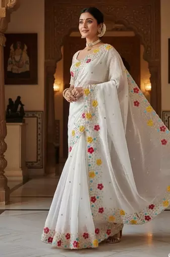 designer chiffon saree with heavy sequins & thread embroidery saree with silk blend blend blouse