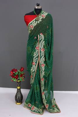 georgette saree with designer c-pallu zari work party wear saree with  silk blend blend blouse 1
