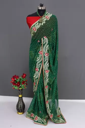 georgette saree with designer c-pallu zari work party wear saree with  silk blend blend blouse