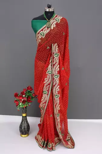 georgette saree with designer c-pallu zari work party wear saree with  silk blend blend blouse