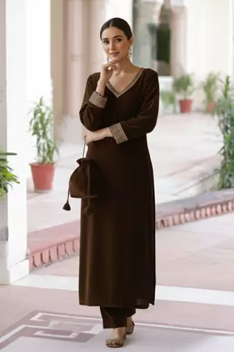 Brown Velvet Kurta set with Potli Bag