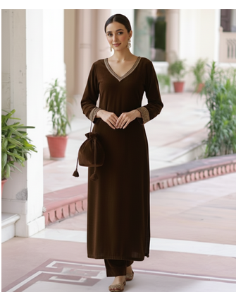 Brown Velvet Kurta set with Potli Bag 2