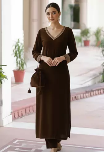 Brown Velvet Kurta set with Potli Bag