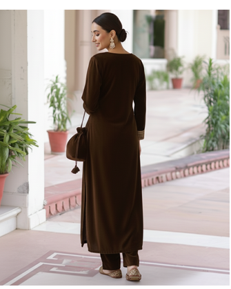 Brown Velvet Kurta set with Potli Bag 3