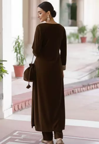 Brown Velvet Kurta set with Potli Bag