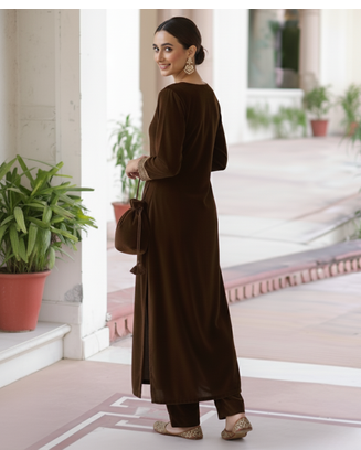 Brown Velvet Kurta set with Potli Bag 4