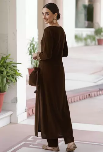 Brown Velvet Kurta set with Potli Bag