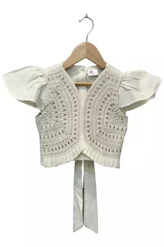 woven half sleeves embellished top with printed lehenga-white & pink