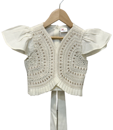 woven half sleeves embellished top with printed lehenga-white & pink