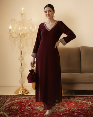 Maroon Velvet Straight Kurta set with Potli bag  1