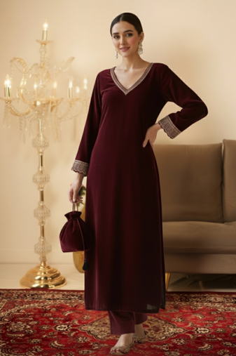 Ethnic Maroon Velvet Straight Fit with Potli bag 