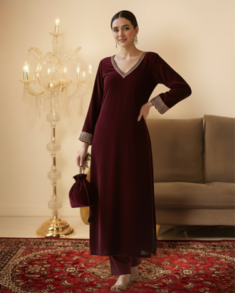 Ethnic Maroon Velvet Straight Fit with Potli bag 