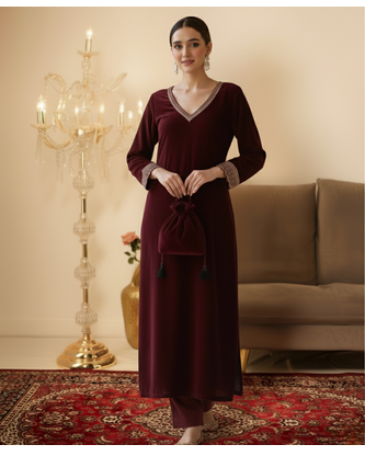 Maroon Velvet Straight Kurta set with Potli bag  2