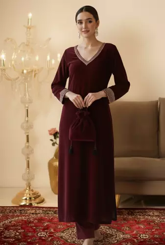 Maroon Velvet Straight Kurta set with Potli bag 
