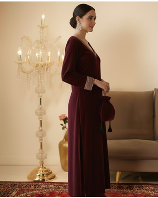 Maroon Velvet Straight Kurta set with Potli bag  3