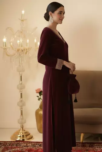 Maroon Velvet Straight Kurta set with Potli bag 