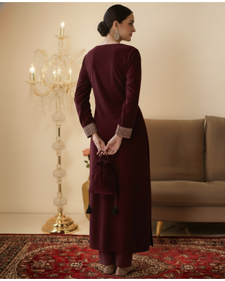 Maroon Velvet Straight Kurta set with Potli bag  4