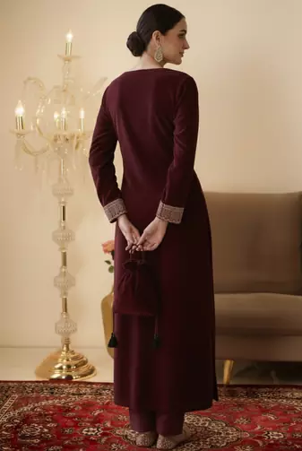 Maroon Velvet Straight Kurta set with Potli bag 
