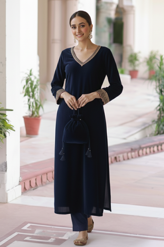 Navy Blue Gotta Lace Work Velvet Salwar Kameez for Women