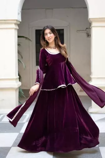 Wine Velvet Kurta with Dupatta
