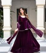 Wine Velvet Kurta with Dupatta